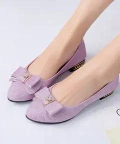 リボン付きポインテッドトゥフラットパンプス パープル