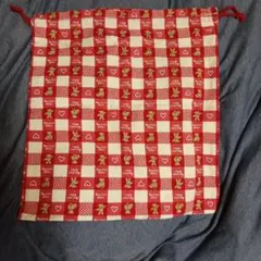 Bonjour Bear 巾着袋 赤と白 チェック　クマ柄