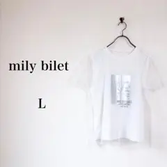 mily bilet（L）チュール重ねシルバー箔プリントTシャツ　半袖　シアーのサムネイル