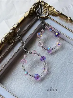 ピンク紫ガラスビーズ フープピアス