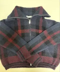 ZARA ネイビー レッド チェック ジップアップセーター Lサイズ