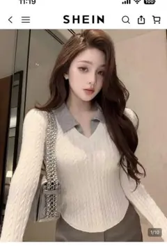 襟付き 配色アプリコットケーブルニット セーター 長袖 M 美品