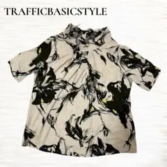 リネンカットソー/半袖トップス/Ｌ/総柄/ボトルネック/麻100％/ベージュ