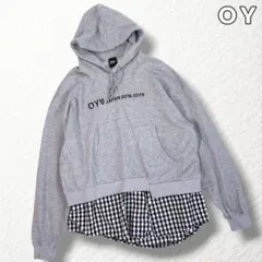 【OY】オーワイ 重ね着風パーカー チェック 刺繡ロゴ グレー メンズXXL相当のサムネイル