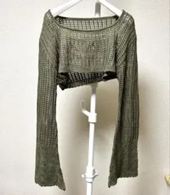 オリーブグリーン クロップドニット 長袖