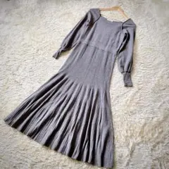 【ナチュラルビューティベーシック】レイヤードフレアニットワンピース　グレー