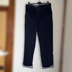 ネイビー スリム　メンズ長ズボン　チェック折り返し