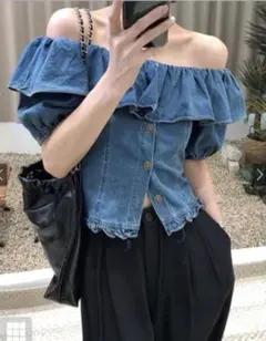 GRL フリルデニム オフショルトップス サイズM
