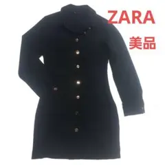 値下げ ZARA 長袖シャツワンピース 金ボタン M 黒 ひざ丈 くびれ
