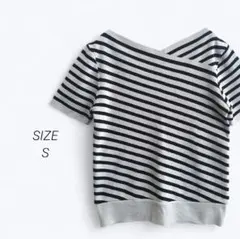 a4025▶半袖サマーニット【S】クロスネック　ボーダー　グレー　ブラック
