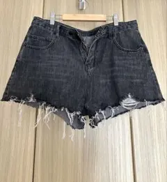 大きいサイズ ブラックデニムショートパンツ 2段階でウエスト調整可能86~90