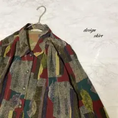 柄シャツ　総柄 アート　幾何学柄　古着　バイカラー　高級　葉柄　レトロ