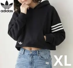 【未使用並美品】adidas アディダス ショート丈パーカー レディースXL 黒