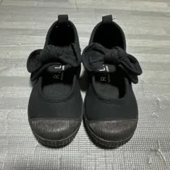 パンプス 靴 リボン付きブラックキャンバスシューズ 15cm