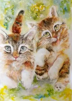 猫 原画 水墨水彩 一点物「振り返る灰色猫」 - メルカリ