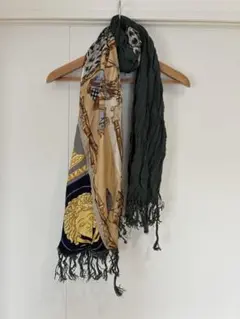 オリーブグリーン 幾何学模様 ストール