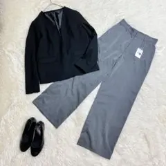 パンツスーツ　セットアップ　ノーカラージャケット　黒　ワイドパンツ グレー　L