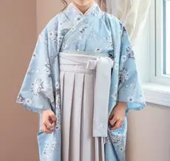 ◇着物+袴スカートセット◇簡単着付け◇水色ダリア＆灰色袴☆150cm 