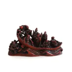 赤色の宝船に乗った像 八仙 置物 七福神 縁起物 工芸品
