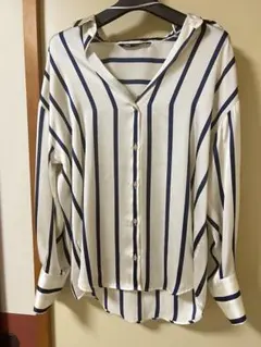 ZARA アイボリー ネイビー ストライプ シャツ S