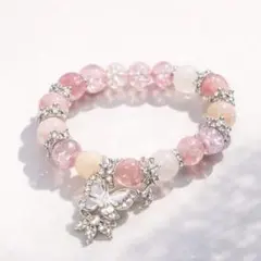 【サイズ調整OK】ピンク 天然石風 ブレスレット｜バタフライチャーム 大人可愛い