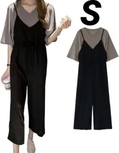 オールインワン サロペット セットアップ 半袖 上下セット ワイドパンツ 無地