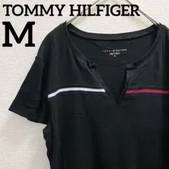 トミーヒルフィガー【M】ライン 半袖 Ｖネック Ｔシャツ ブラック 綿 デート