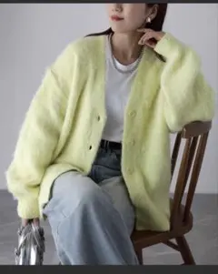 Bonjour Sagan シャギーVネックニットカーディガン　レモンイエロー