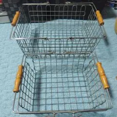 金属製バスケット 木製ハンドル付き 大小セット インテリア アンティーク風