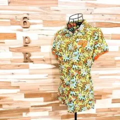 【パーリーゲイツ】ゴルフ 花柄 総柄 ポロシャツ pgロゴ M オレンジ×黄緑