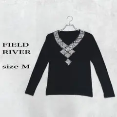 FIELD RIVER ビーズ装飾 Vネック 長袖ニット ブラックサイズM