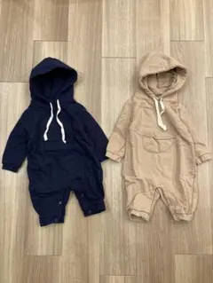 韓国子供服 フード付きロンパース2点セット（ネイビー・ベージュ）