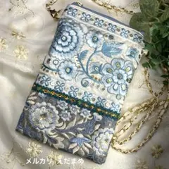 スマホショルダー スマホポシェット サコッシュ インド刺繍リボン ホワイトブルー