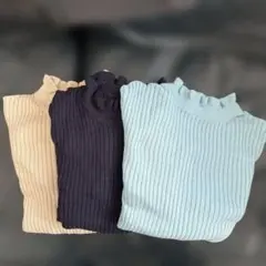 リブ編みフリルネック長袖ニット