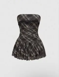 【SHEIN】ストラップレス ブラック系チェック ミニワンピース