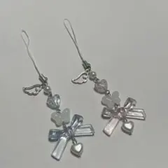 ビーズキーホルダー 水色 ピンク リボン ハート コレクトブック 蝶 羽