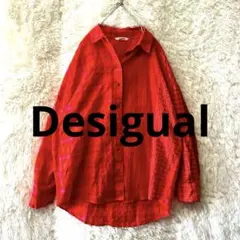 デシグアル 秋 ビビットカラー レッドオレンジチェック羽織異素材大きなサイズ長袖