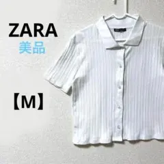 美品　ザラ【M】半袖ポロシャツ ショート丈　春夏　リブ編み　ホワイト　ボタン
