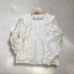 ノーカラー フリルブラウス 長袖シャツ 白 レース 森ガール レトロ古着 昭和