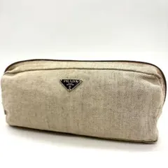 極美品】プラダ 三角プレート ポーチ ベージュ キャンバス PRADA 