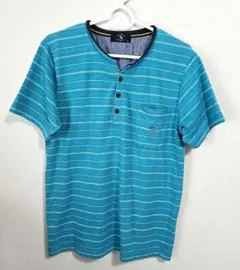 ポロラケットクラブ✨ポロシャツ 襟なし ストライプ M ターコイズブルー 半袖