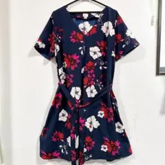 A New Day ネイビー 花柄ワンピース ウエストリボン付き XL