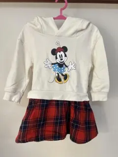 ベビードール　ディズニー　ミニー フード付き ワンピース　チェックスカート 80