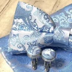 蝶ネクタイ チーフ カフス セット ブルー 青 ペイズリー 結婚式 披露宴