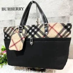 美品 バーバリーブルーレーベル ウール ノバチェック ポーチ付き トートバッグ