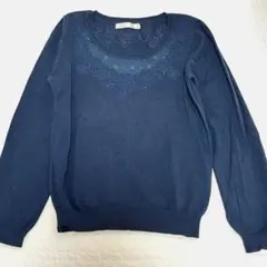 アロー arrow ネイビー 長袖 花刺繍ニット 秋冬
