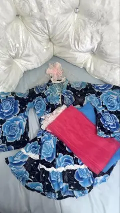 姫ギャル 浴衣ドレスセット 水色ローズ柄 ヘアアクセサリー付き