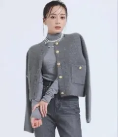 anuans ラクーンブレンドノーカラーニットジャケット グレー