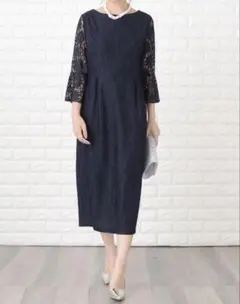 総レース　ネイビー　ミモレドレス　L