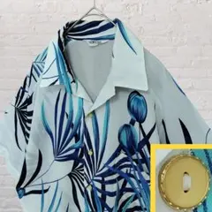 ボックスカット ボタニカル 総柄 シアー ラグラン 半袖 開襟シャツ 白 ブルー